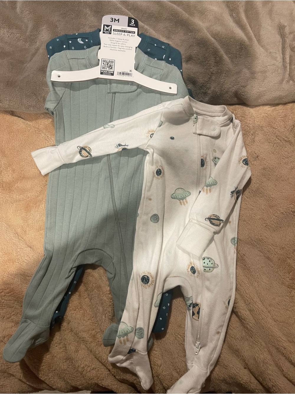 3-Pack Baby Footed One-Piece Sleepers - Sage Green & White Space Print